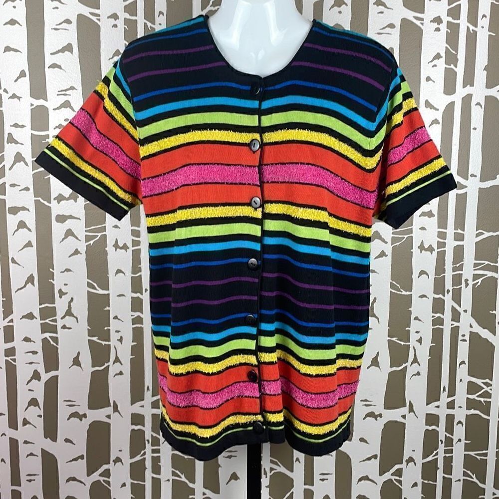 Vintage 90s Rainbow Stripe Short Sleeve Cardigan Sweater sz M